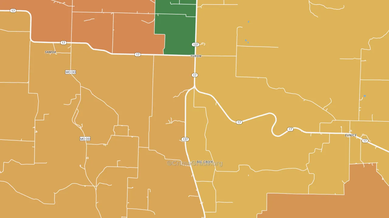 Yukon, MO Map of Robbery Rates