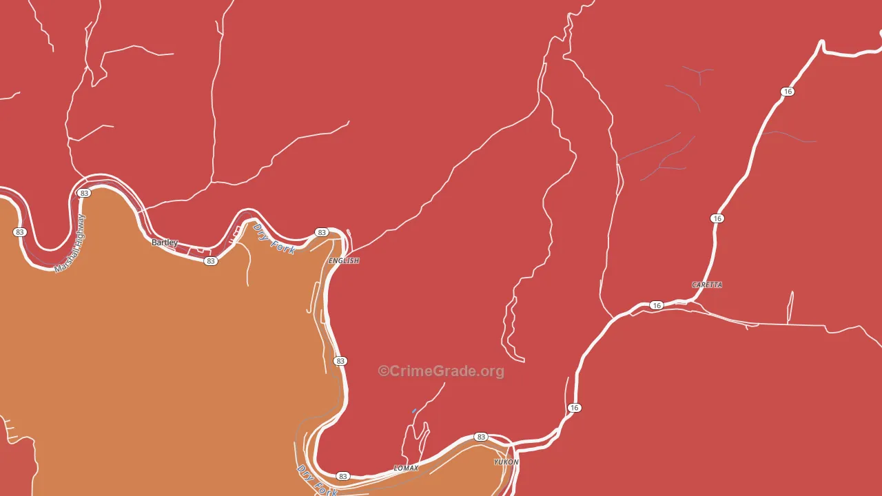 Yukon, WV Map of Robbery Rates
