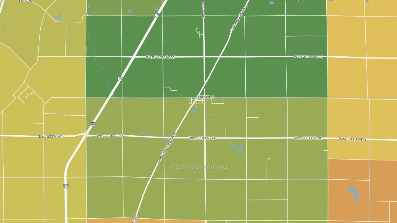 Zanesville, IN Map of Robbery Rates