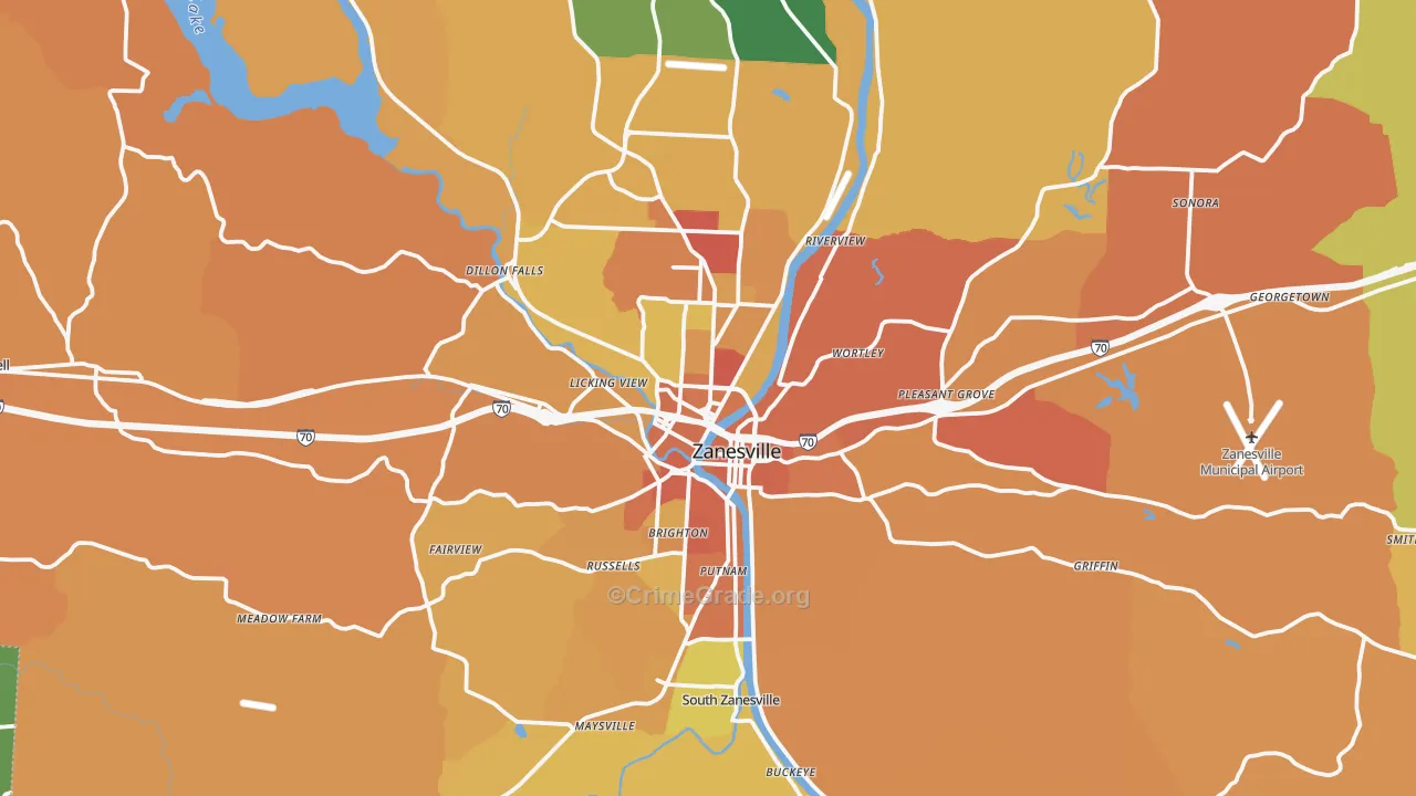Zanesville, OH Map of Robbery Rates