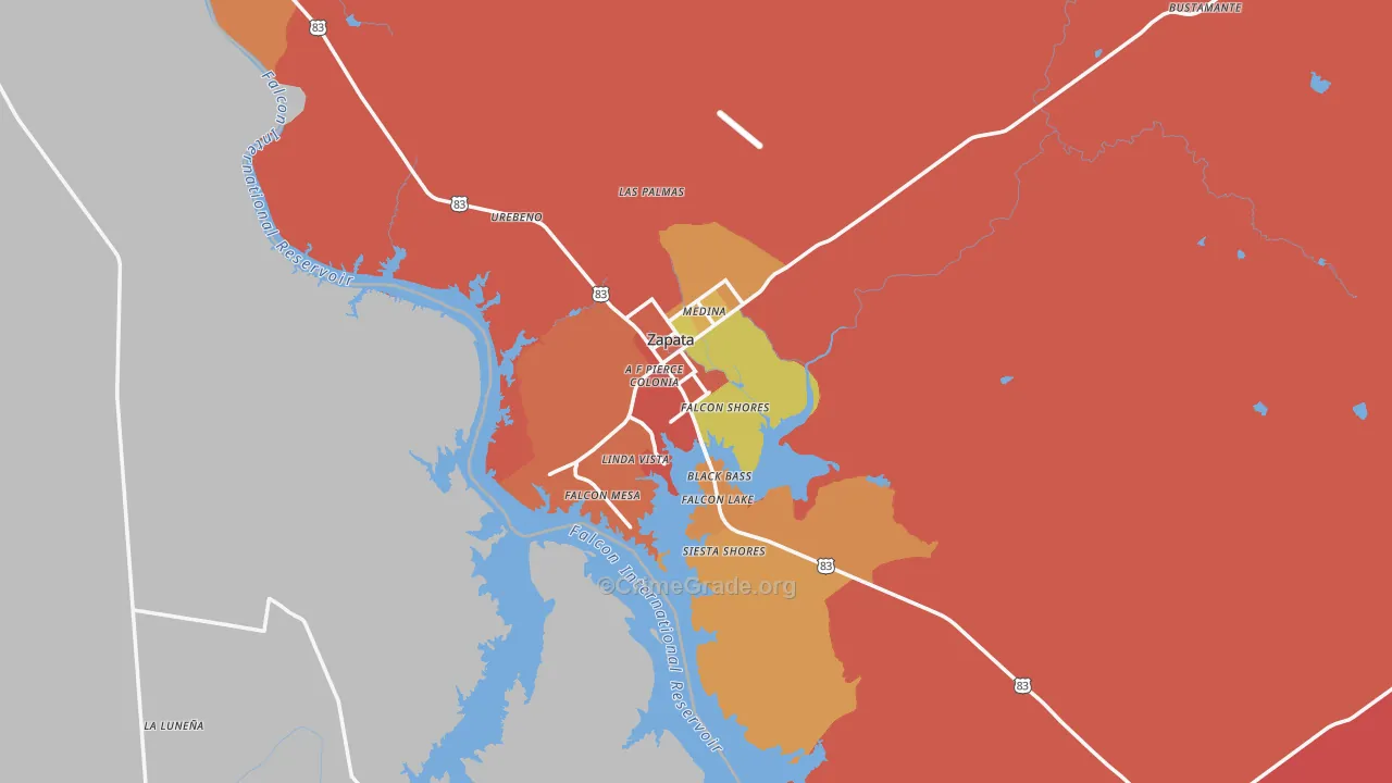 Zapata, TX Map of Robbery Rates