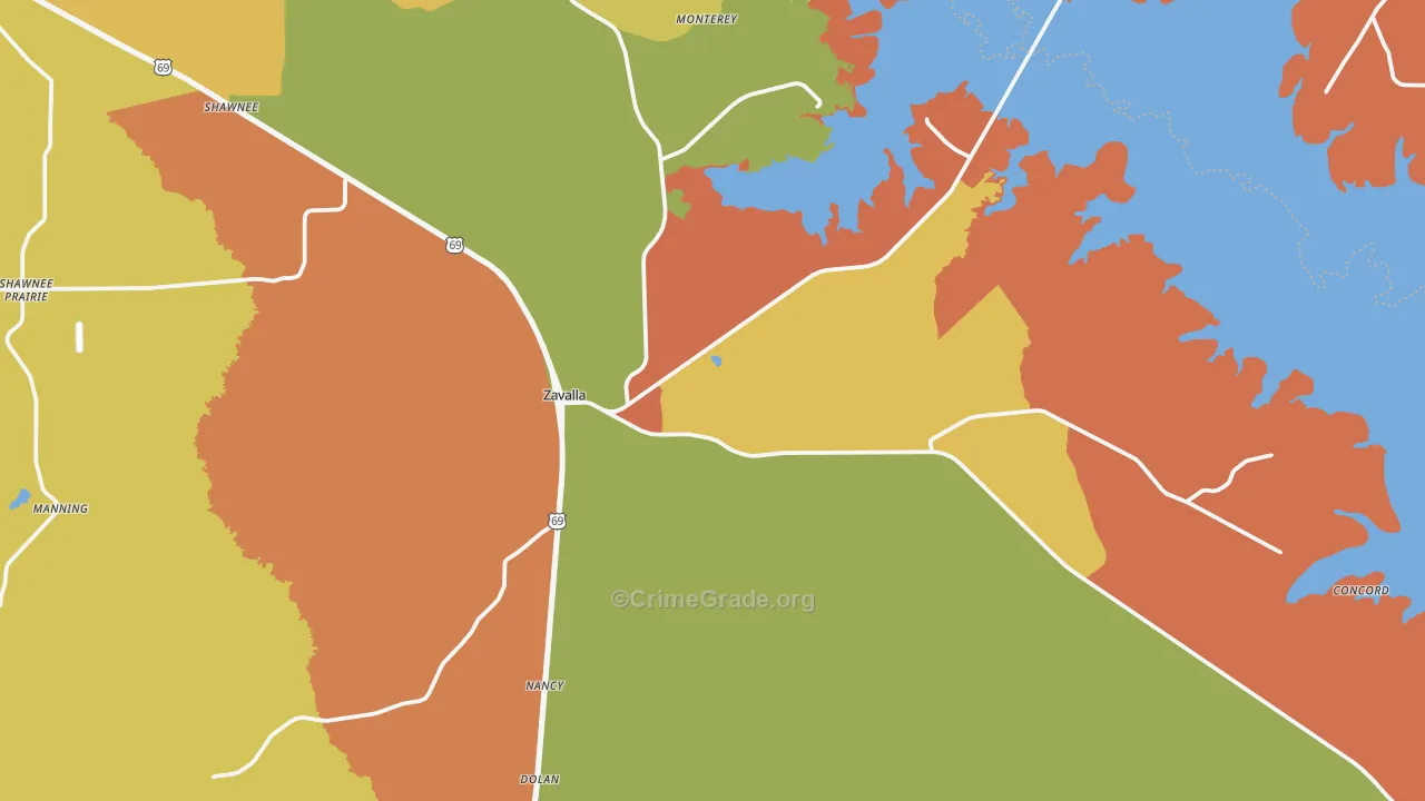 Zavalla, TX Map of Robbery Rates