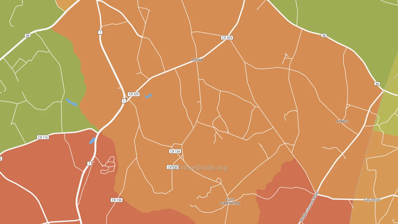Zebina, GA Map of Robbery Rates