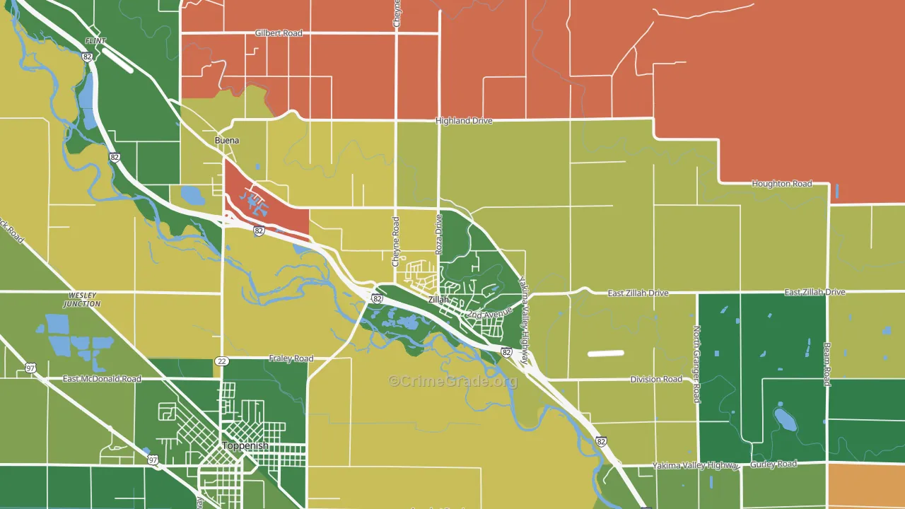 Zillah, WA Map of Robbery Rates