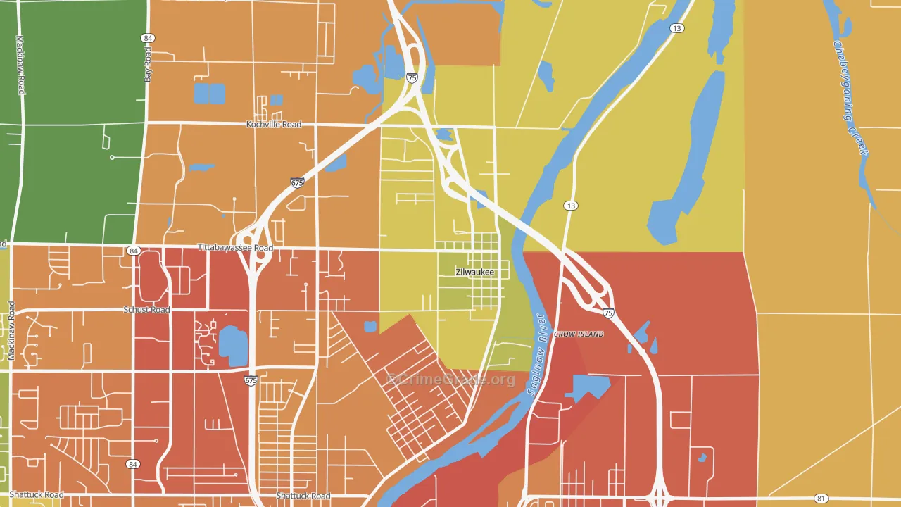 Zilwaukee, MI Map of Robbery Rates