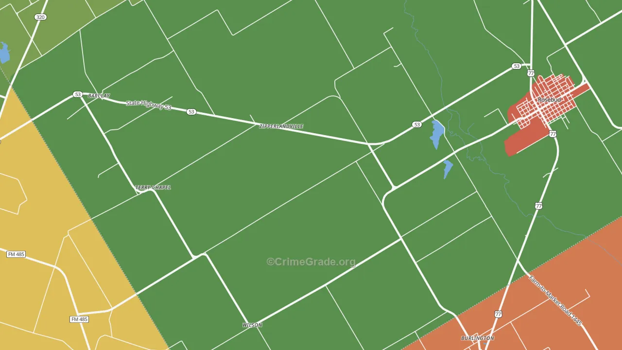 Zipperlandville, TX Map of Robbery Rates