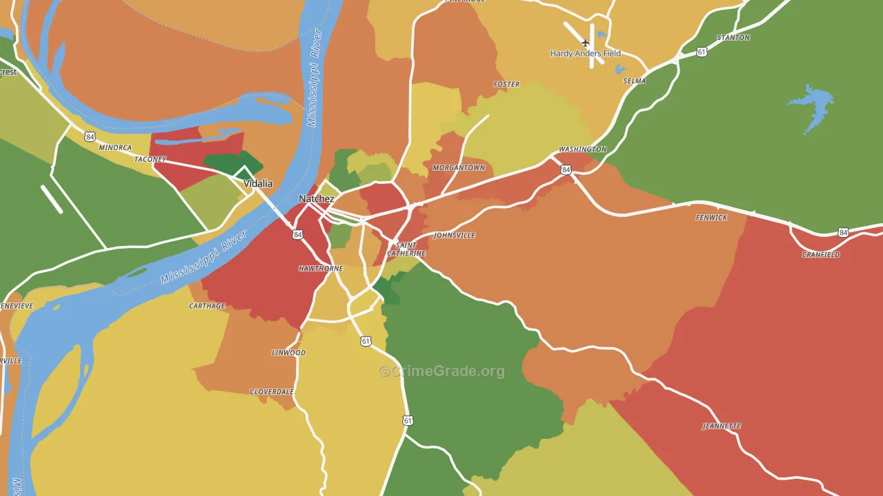 Adams County, MS Map of Theft Rates