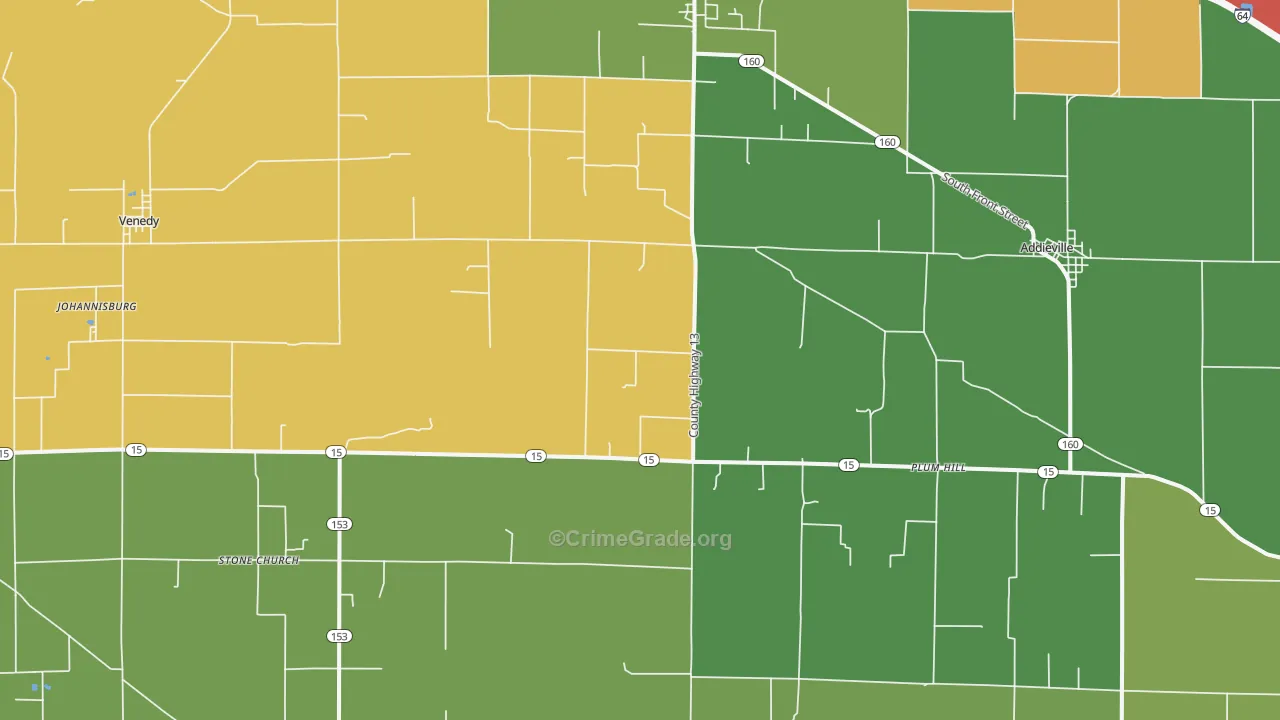 Addieville, IL Map of Theft Rates