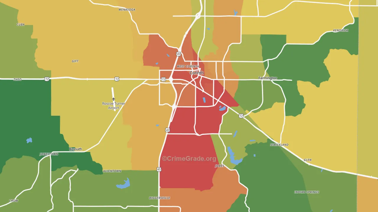 Alcorn County, MS Map of Theft Rates