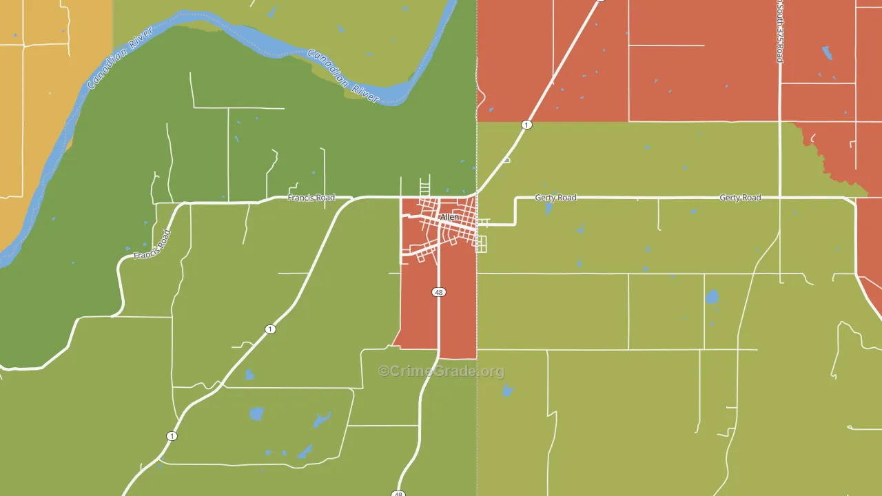 Allen, OK Map of Theft Rates
