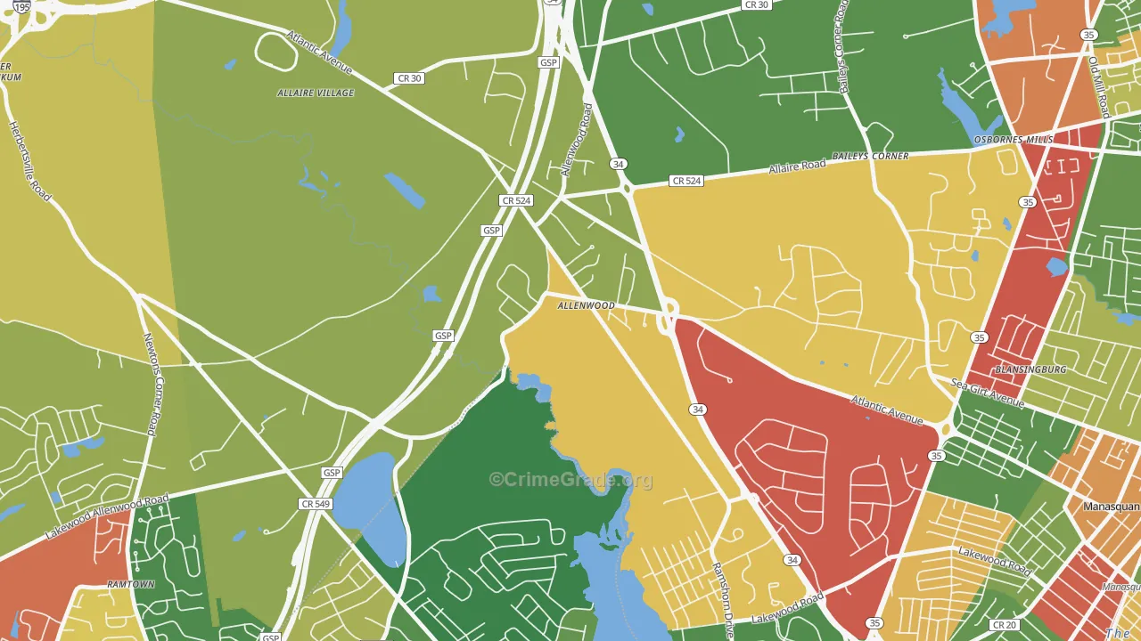 Allenwood, NJ Map of Theft Rates