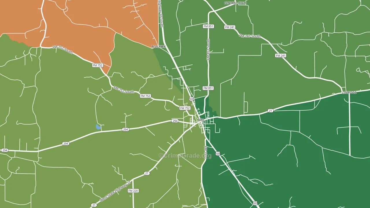 Alto, TX Map of Theft Rates