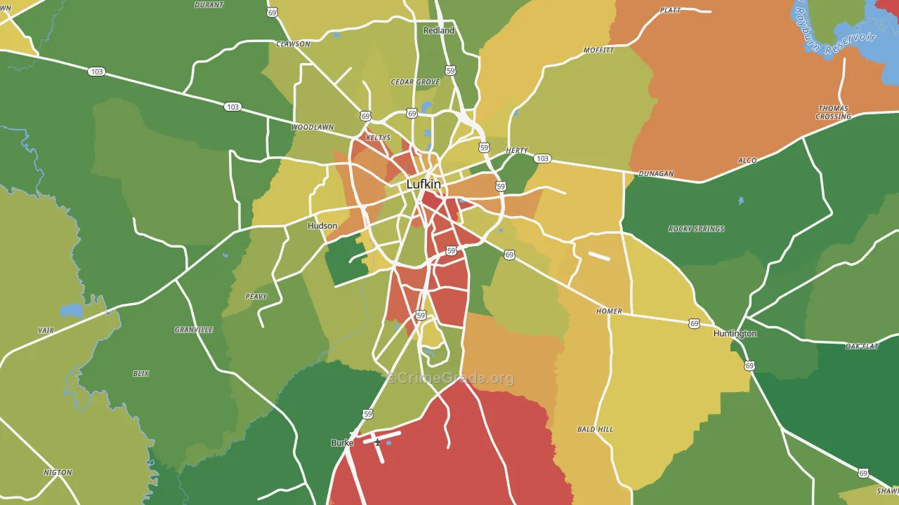 Angelina County, TX Map of Theft Rates