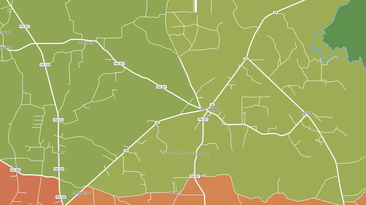 Apple Springs, TX Map of Theft Rates