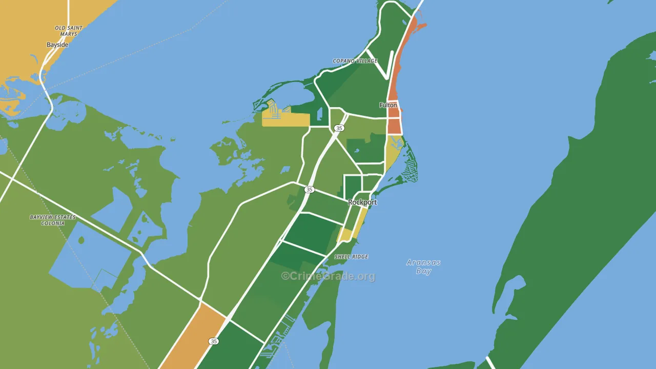 Aransas County, TX Map of Theft Rates