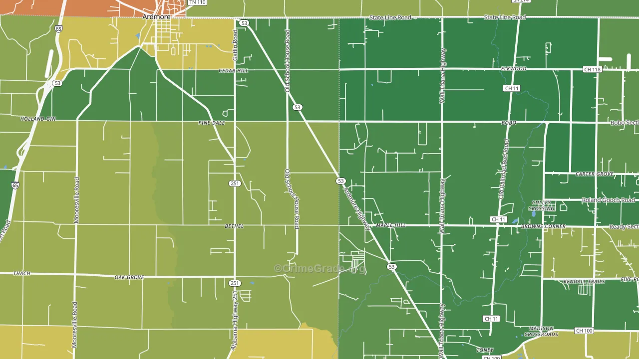 Ardmore, AL Map of Theft Rates
