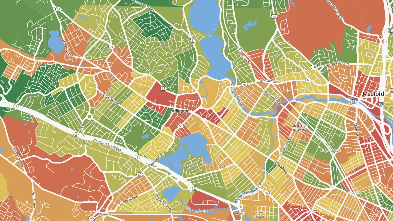 Arlington Center, Arlington, MA Map of Theft Rates