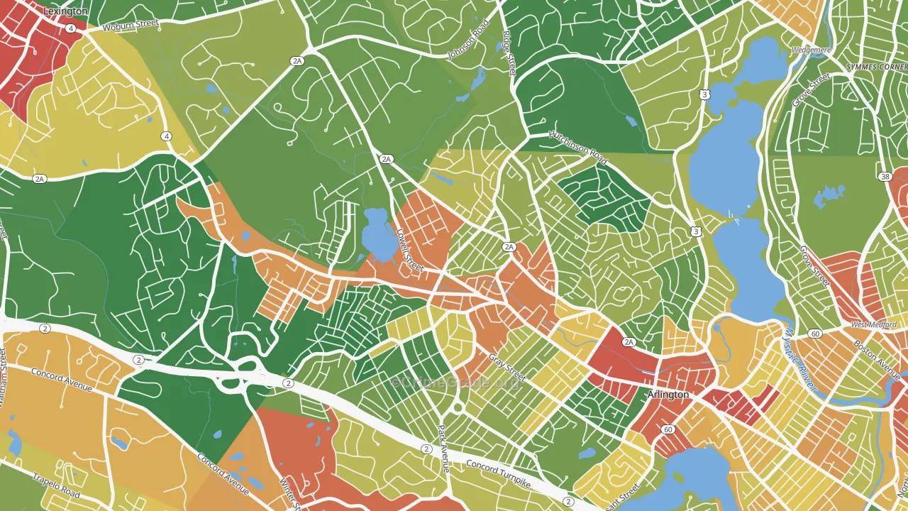 Arlington Heights, Arlington, MA Map of Theft Rates