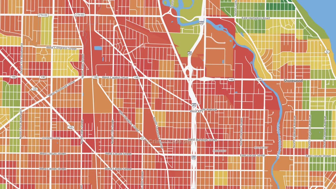 Arlington Heights, Milwaukee, WI Map of Theft Rates