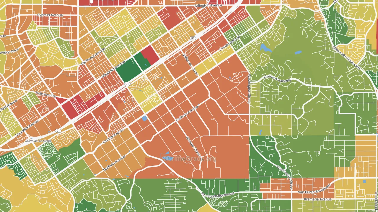 Arlington Heights, Riverside, CA Map of Theft Rates