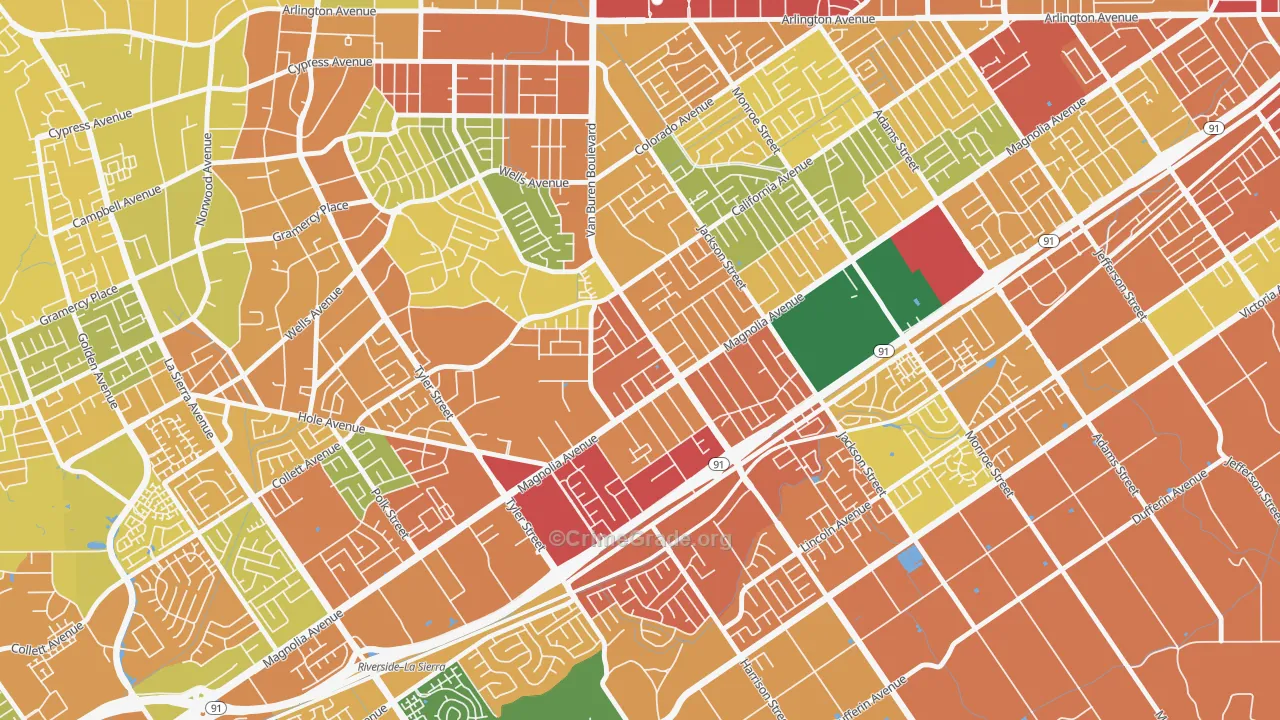 Arlington, Riverside, CA Map of Theft Rates