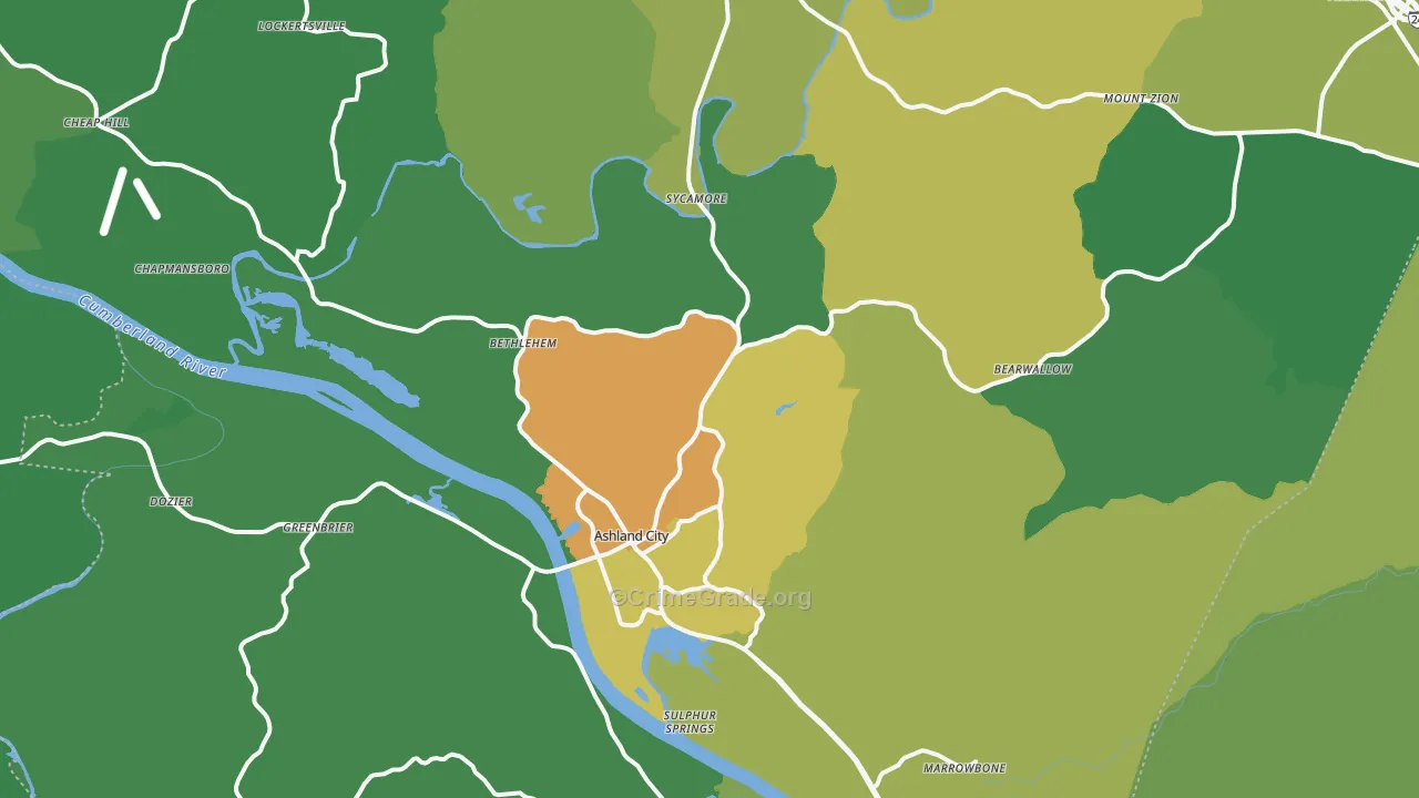 Ashland City, TN Map of Theft Rates
