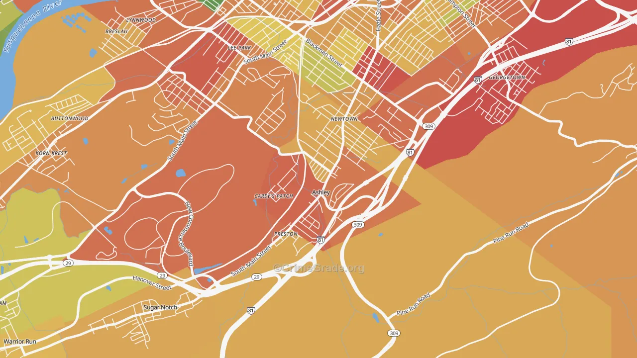 Ashley, PA Map of Theft Rates