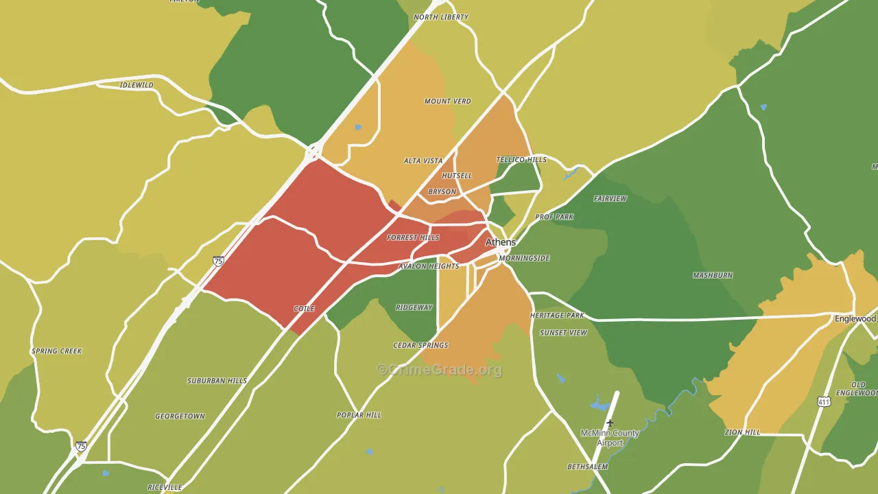 Athens, TN Map of Theft Rates
