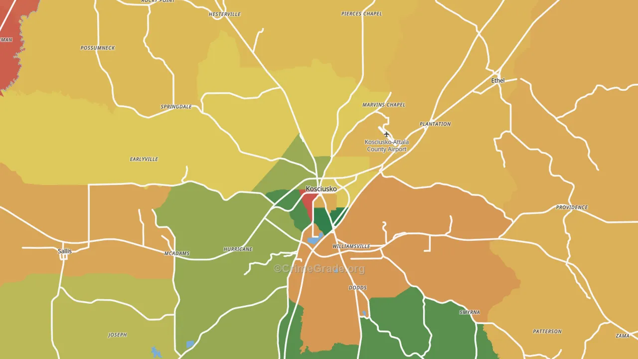 Attala County, MS Map of Theft Rates