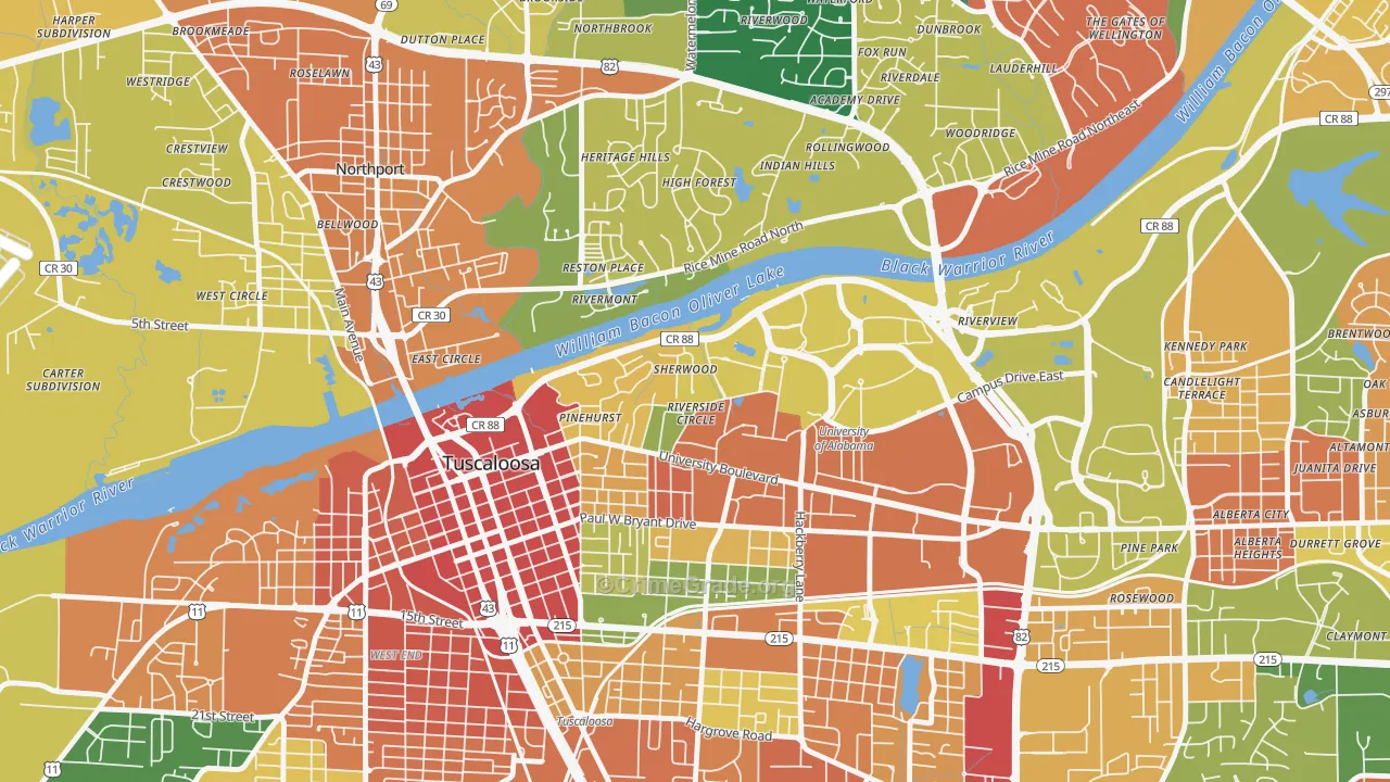 Audubon Place, Tuscaloosa, AL Map of Theft Rates