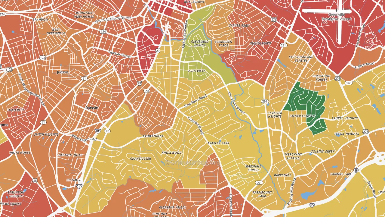 Augusta Street Area, Greenville, SC Map of Theft Rates