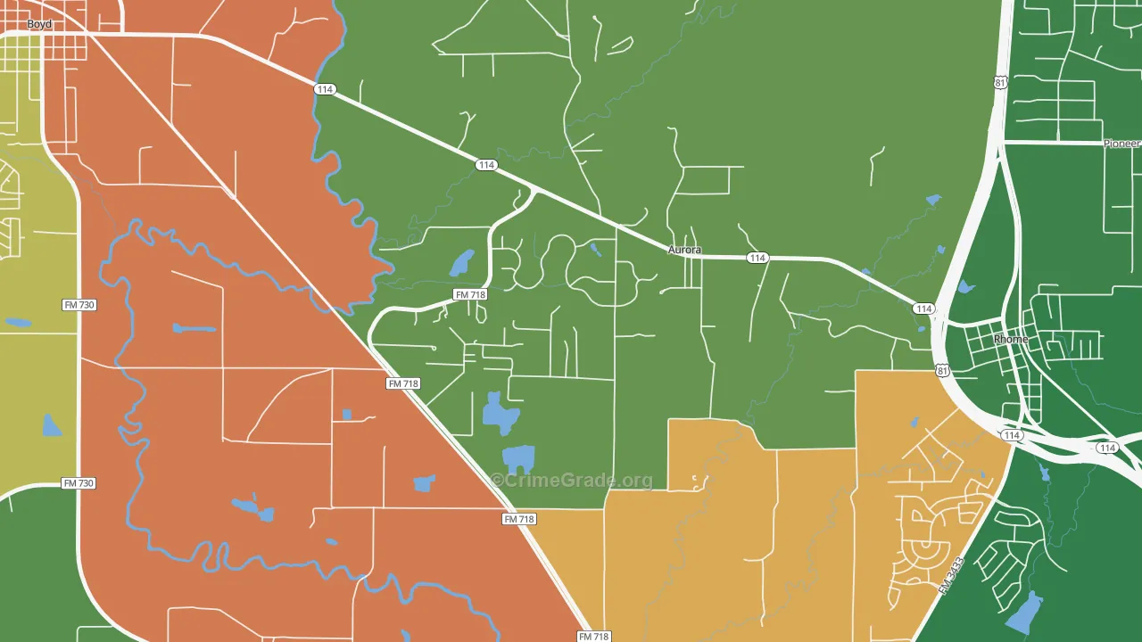 Aurora, TX Map of Theft Rates