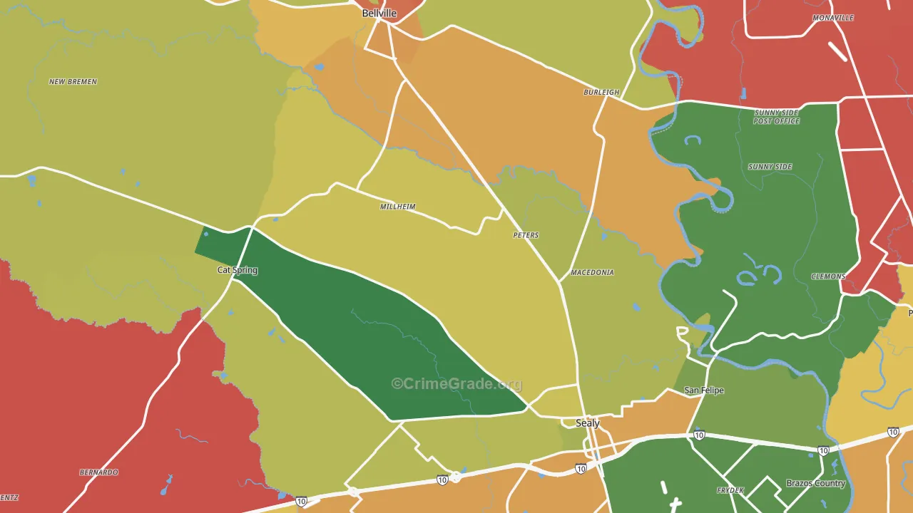 Austin County, TX Map of Theft Rates