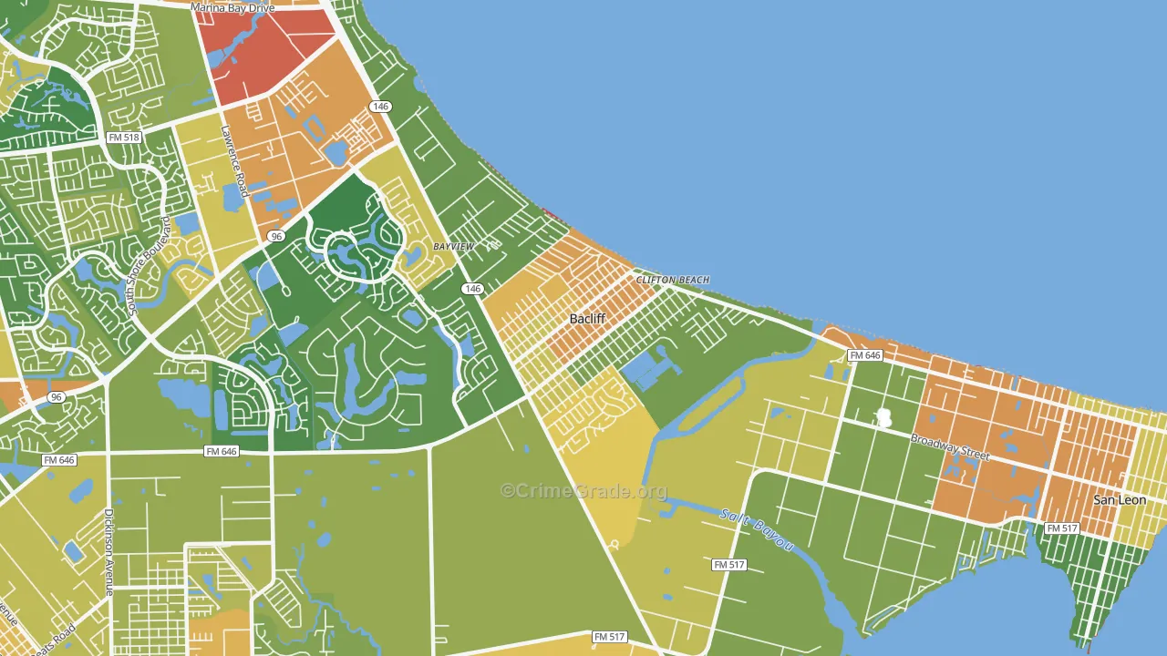 Bacliff, TX Map of Theft Rates