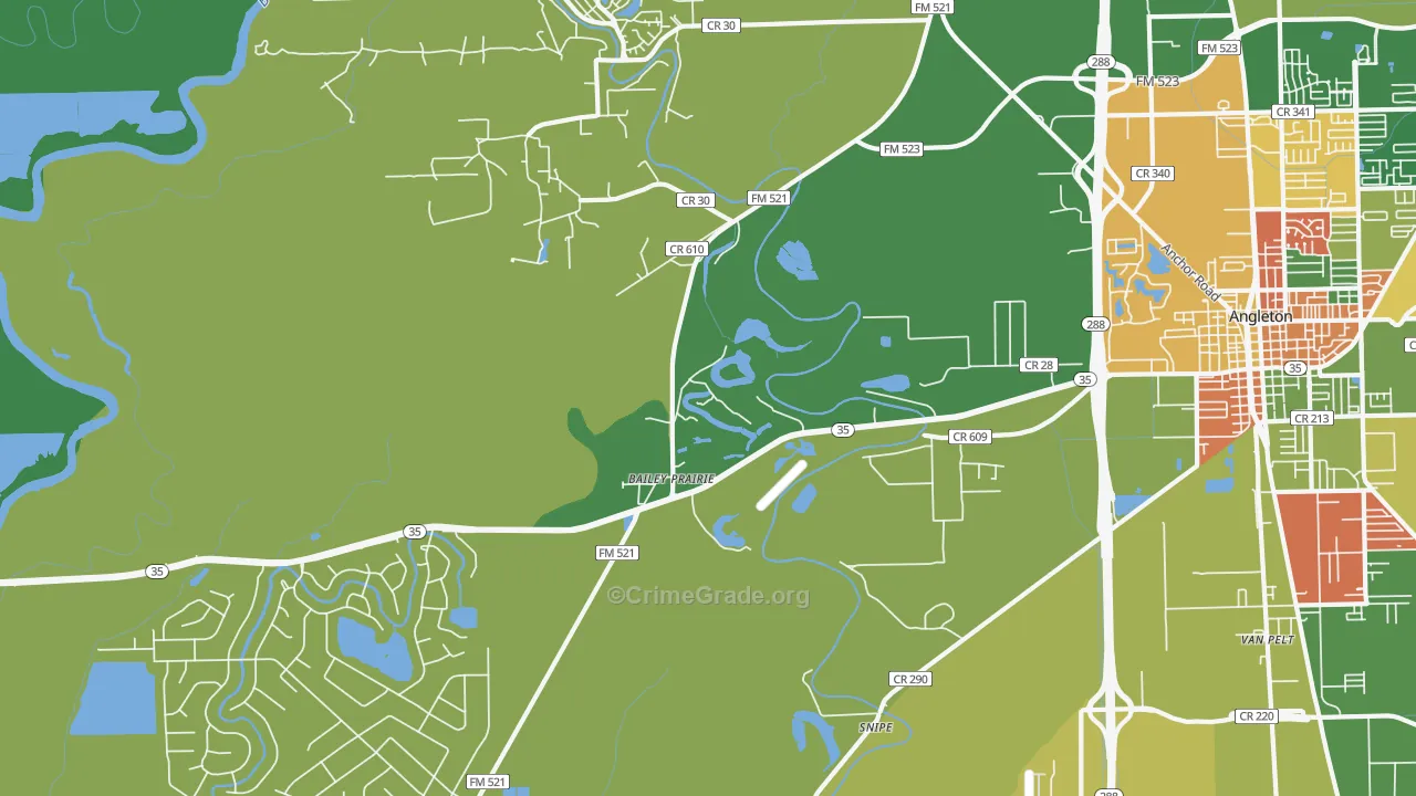 Baileys Prairie, TX Map of Theft Rates