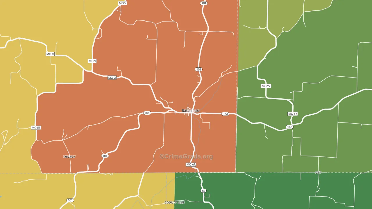 Bakersfield, MO Map of Theft Rates