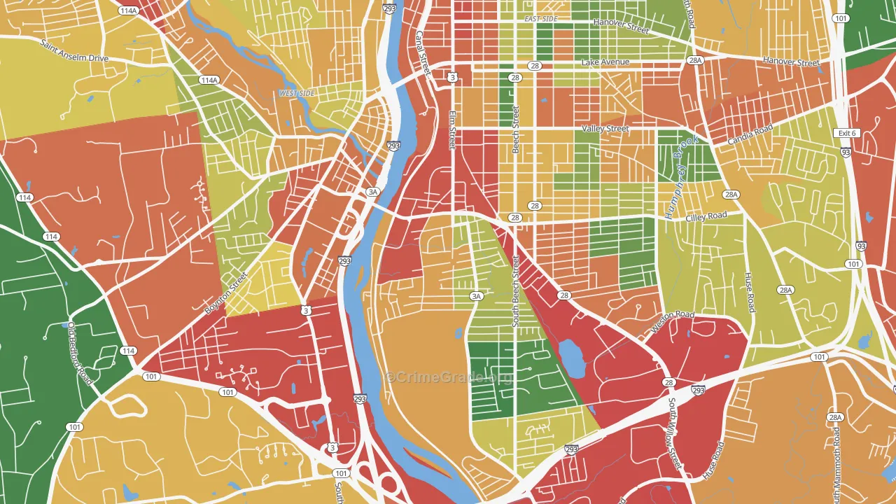 Bakersville, Manchester, NH Map of Theft Rates