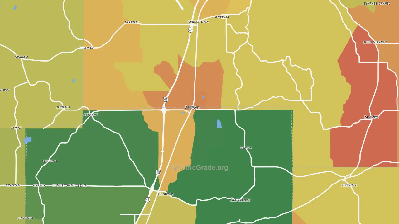 Baldwyn, MS Map of Theft Rates