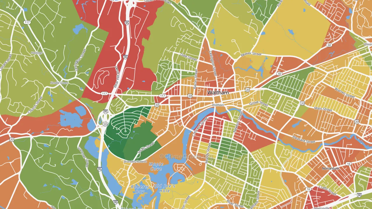 Bank Square, Waltham, MA Map of Theft Rates