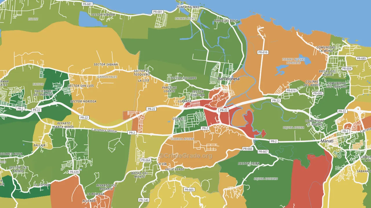 Barceloneta Municipio, PR Map of Theft Rates