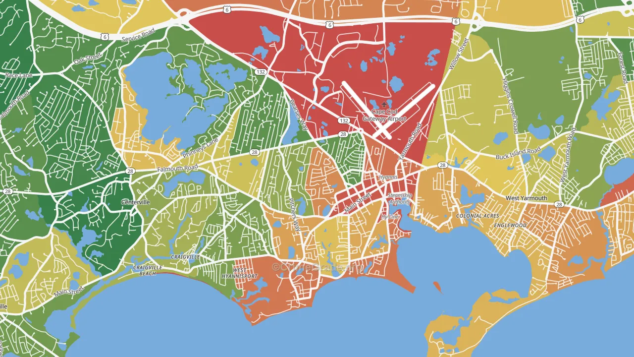 Barnstable Town, MA Map of Theft Rates