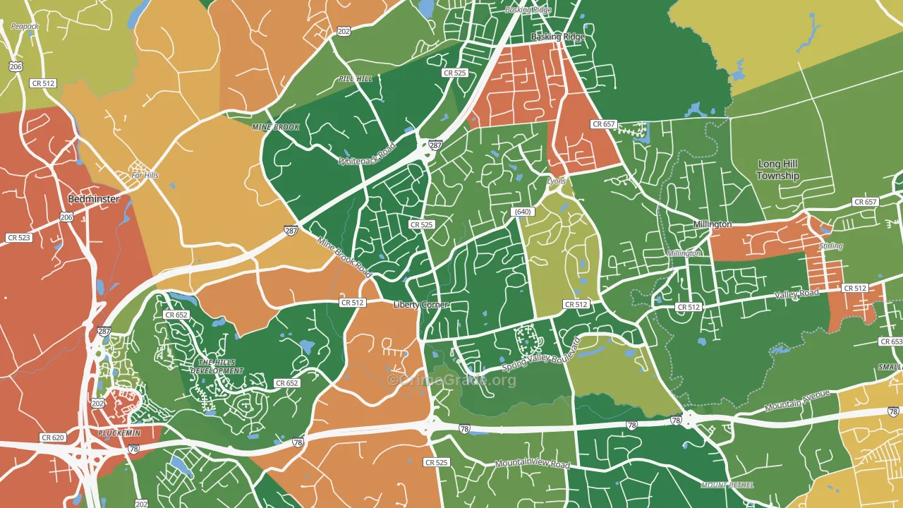 Basking Ridge, NJ Map of Theft Rates