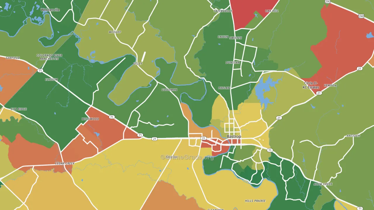 Bastrop County, TX Map of Theft Rates