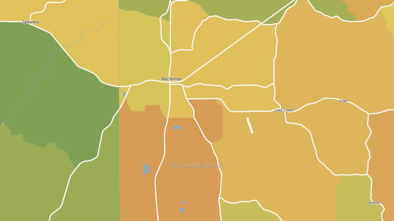 Bay Springs, MS Map of Theft Rates
