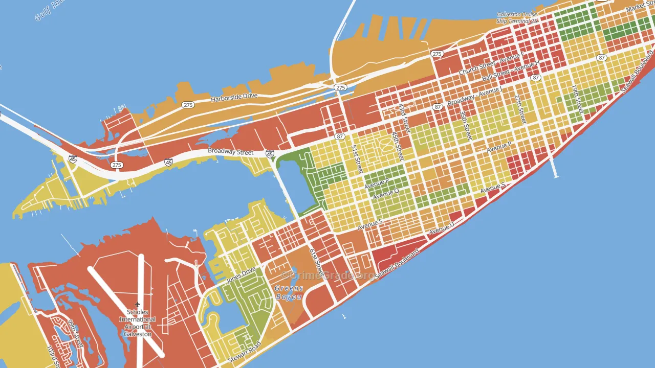 Bayou Shore, Galveston, TX Map of Theft Rates