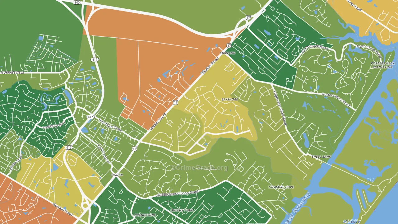 Bayshore, Wilmington, NC Map of Theft Rates