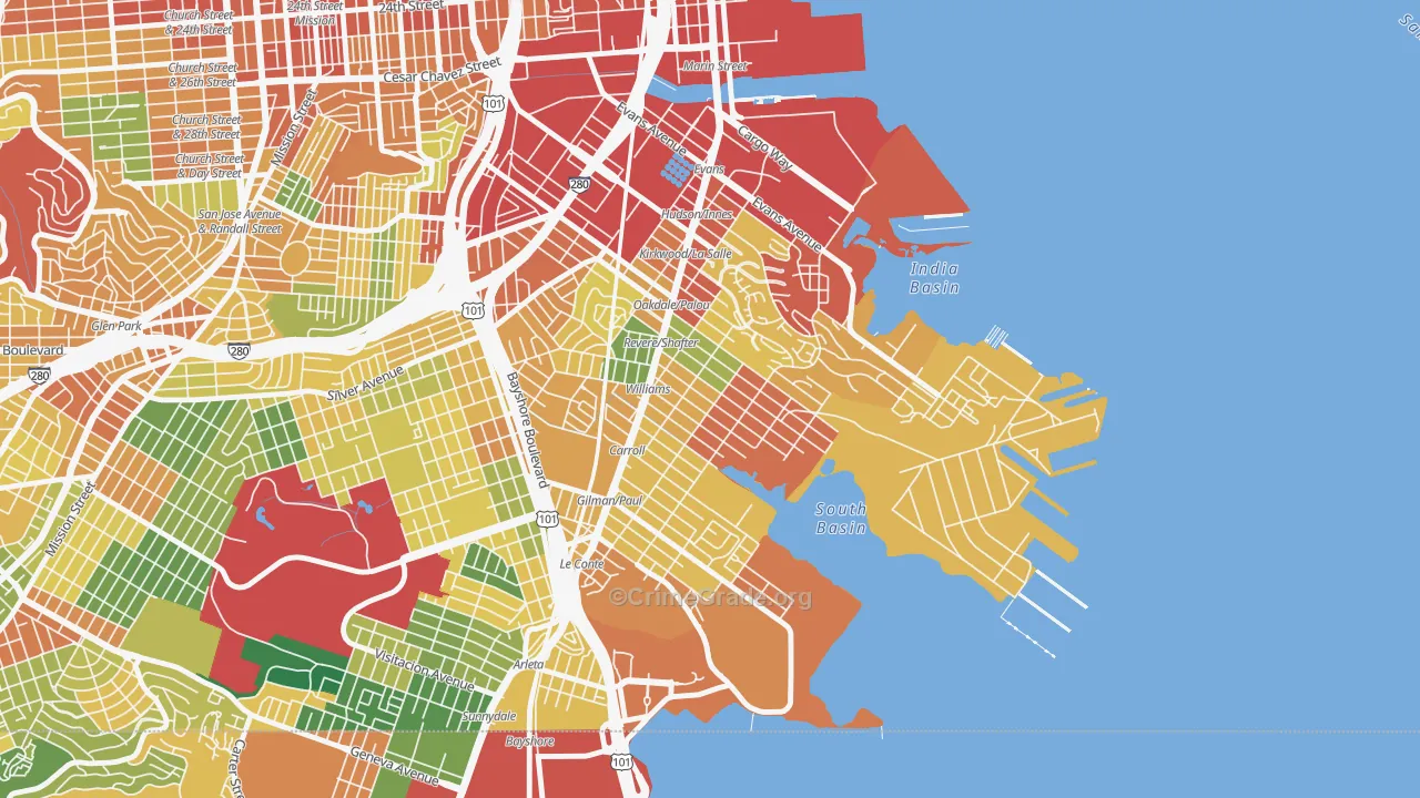 Bayview, San Francisco, CA Map of Theft Rates