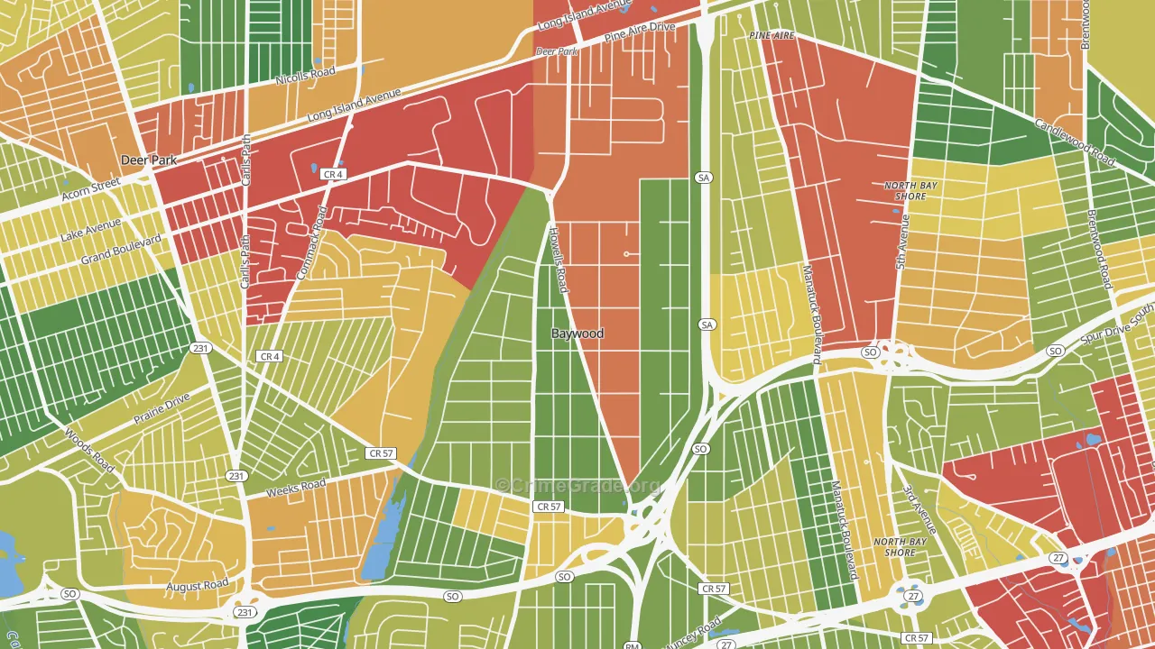 Baywood, NY Map of Theft Rates