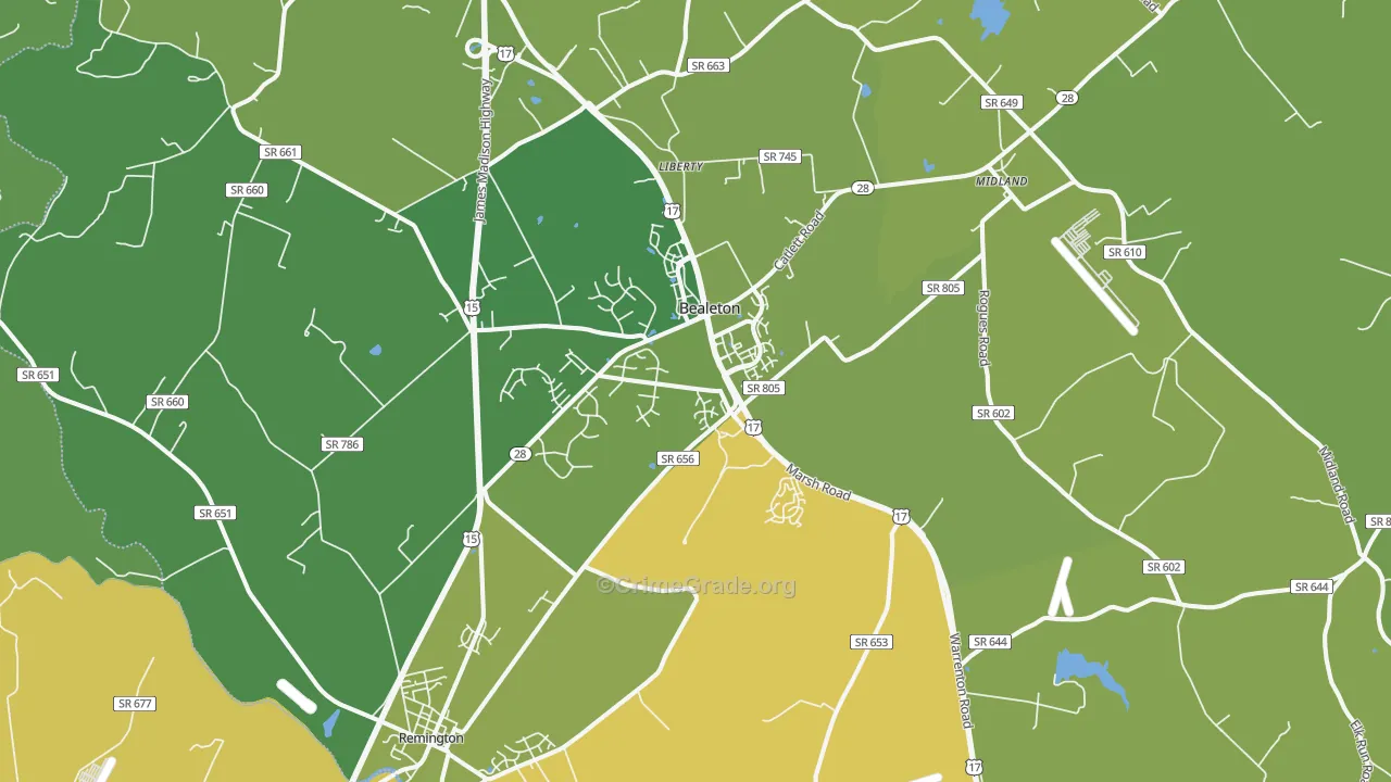 Bealeton, VA Map of Theft Rates