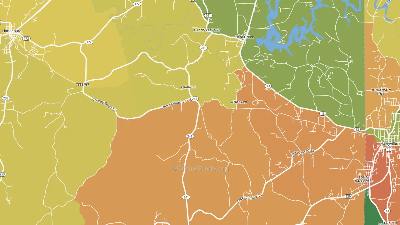 Bear Creek, AL Map of Theft Rates